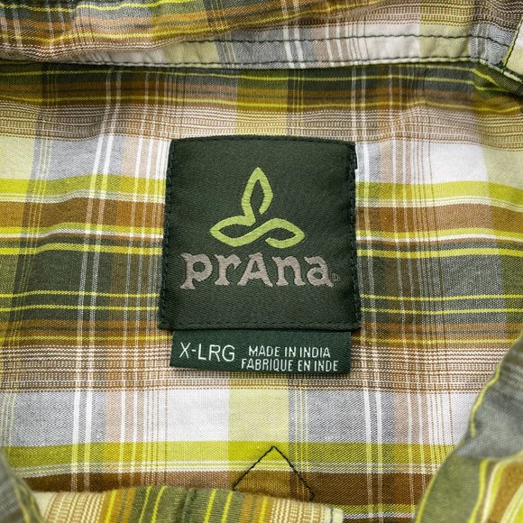PRANA Shirt Men Extra Large XL Green Plaid Button Up Pearl Snap India Casual - Picture 4 of 9